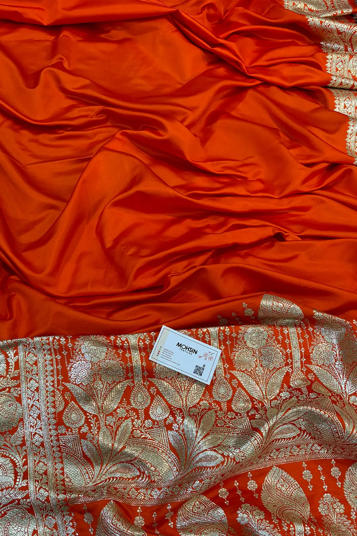 Dark Orange Plain Golden Zari Katan Silk Banarasi Saree