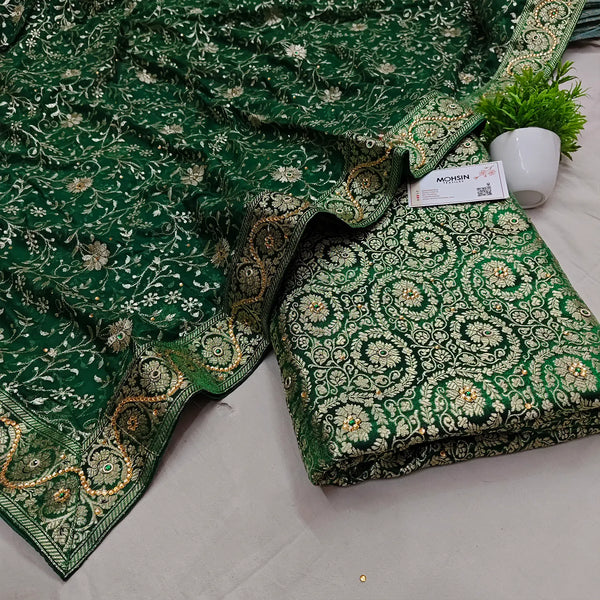 Green Murrah Jaal Stone Work Kimkhab Silk Banarasi Gharara