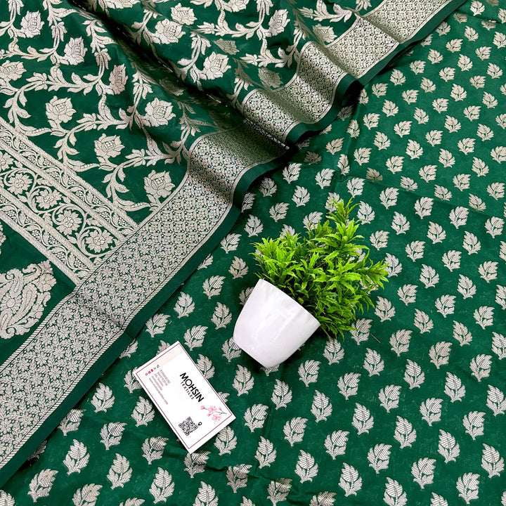 Green Tedhi Patti Katan Silk Banarasi Suit