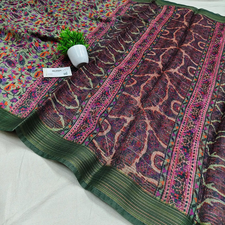 Green and Pink Printed Cotton Silk Banarasi Saree