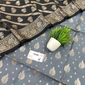 Grey and Black Pankh Buti Satin Silk Banarasi Suit