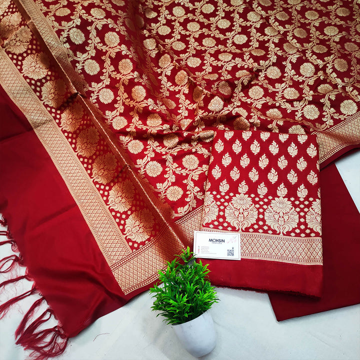 Maroon Golden Zari Katan Silk Banarasi Suit