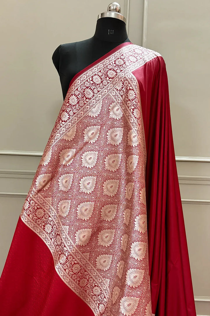 Maroon Khandani Plain Katan Silk Banarasi Saree