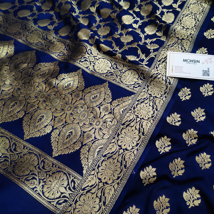 Navy Blue Golden Zari Katan Silk Banarasi Suit