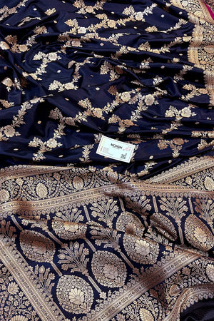 Navy Blue Papakipari Katan Silk Banarasi Saree
