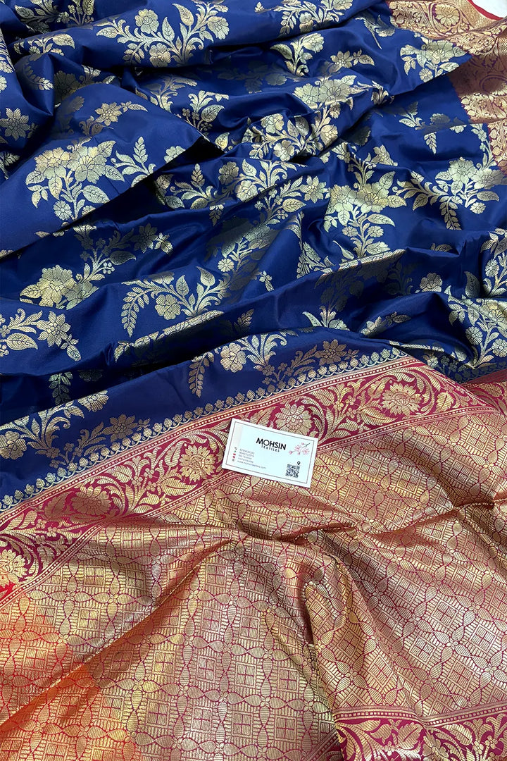 Navy Blue and Maroon Bharama Jaal Satin Silk Banarasi Saree