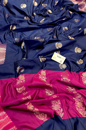 Navy Blue and Pink Golden Zari Banarasi Silk Saree
