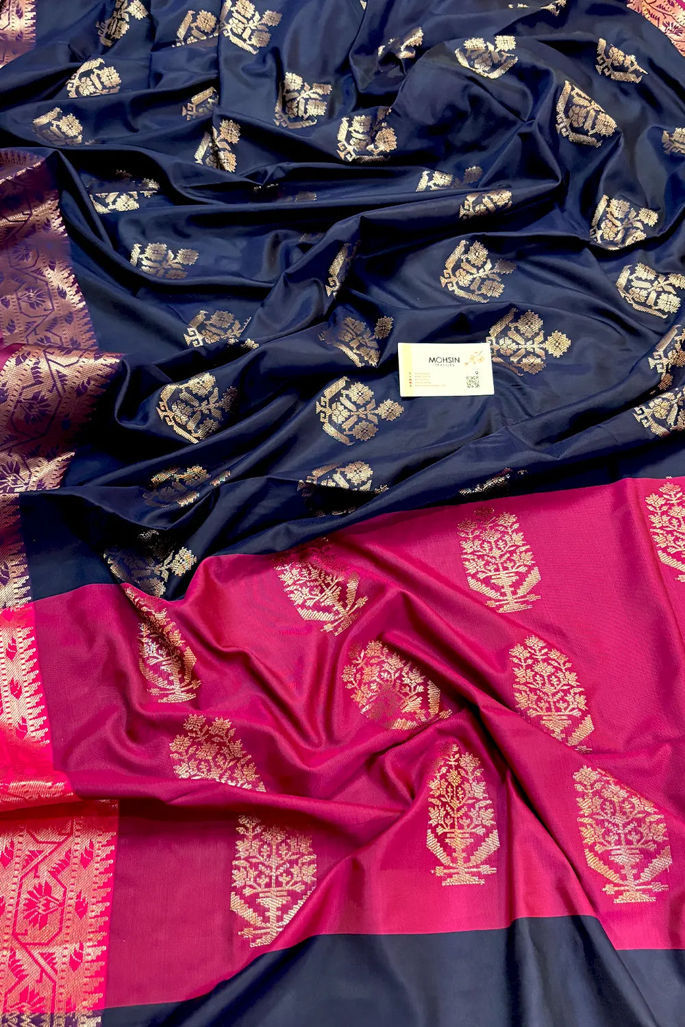 Navy Blue and Pink Golden Zari Banarasi Silk Saree
