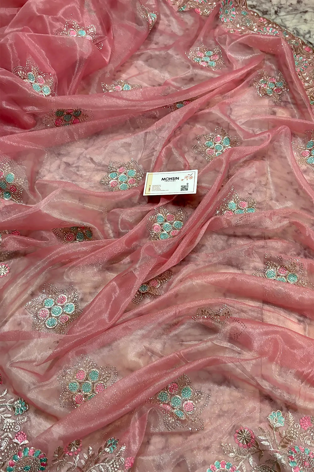 Peach Embroidery Siroski Brasso Net Saree