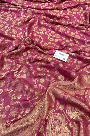 Peach Golden Zari Georgette Silk Banarasi Saree