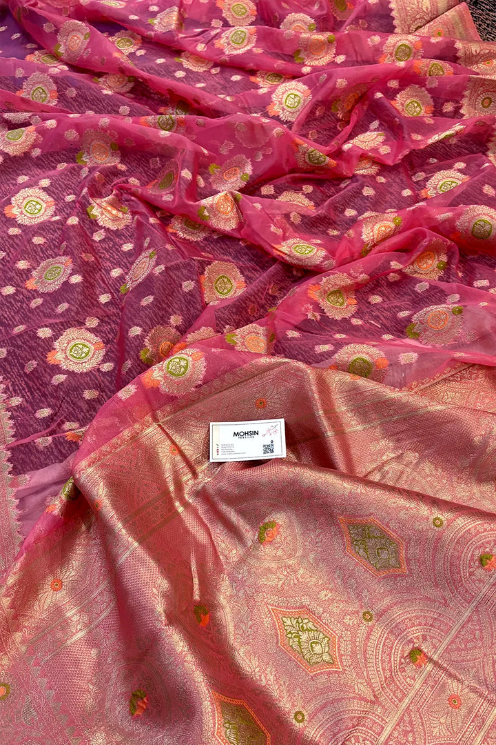 Peach Golden Zari Organza Silk Banarasi Saree