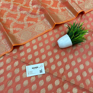 Peach Golden Zari Resham Silk Banarasi Suit