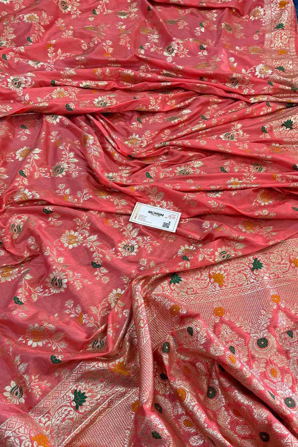 Peach Resham Zari Silky Banarasi Saree