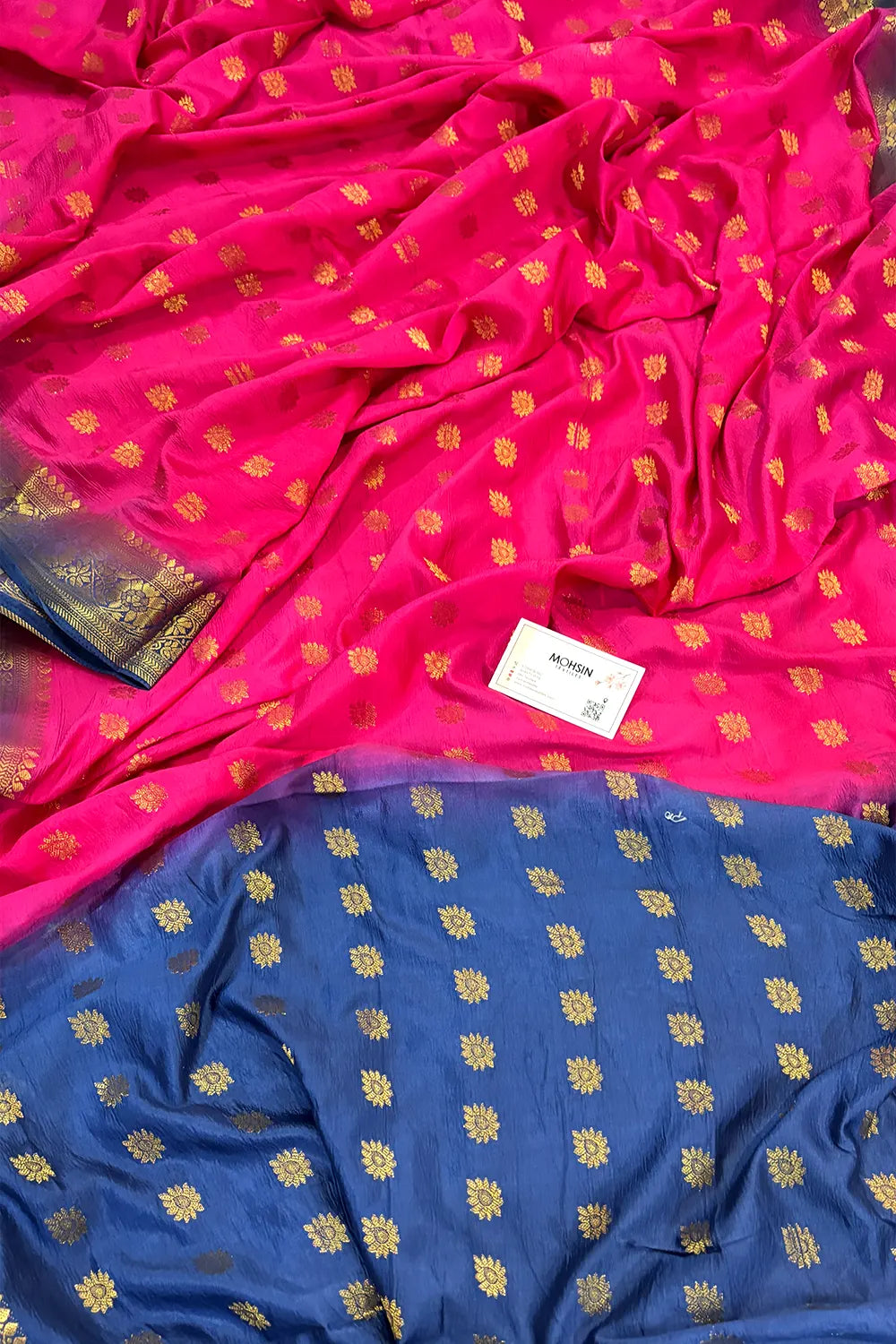 Pink and Navy Blue Golden Zari Silky Banarasi Saree