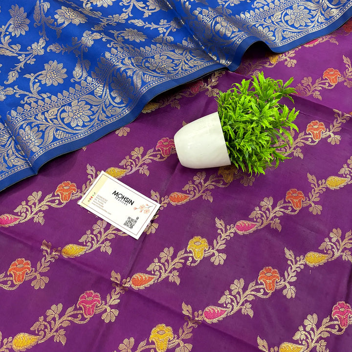 Purple and Royal Blue Rang Mahal Satin Silk Banarasi Suit