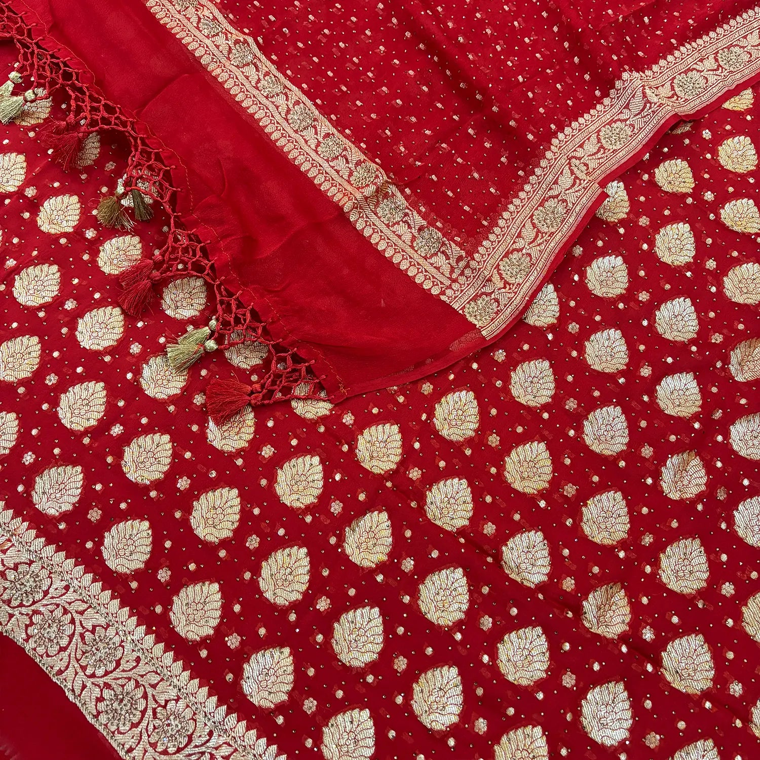 Red Golden Zari Siroski Stone Pure Georgette Silk Banarasi Suit