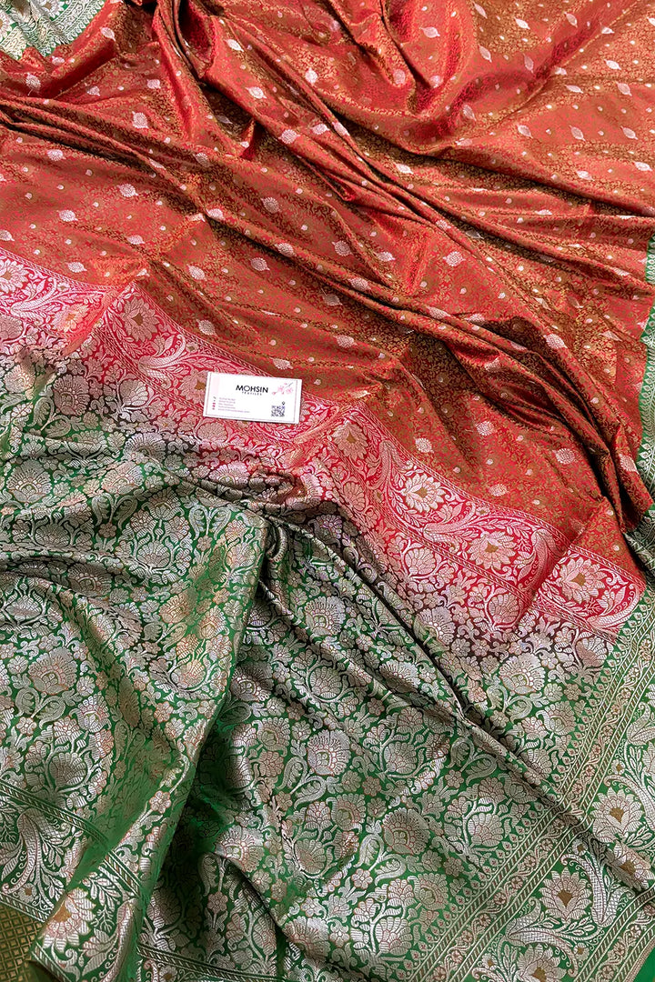 Red and Green Jamewar Katan Silk Banarasi Saree