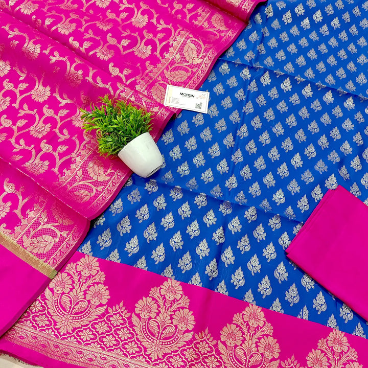Royal Blue and Pink Patta Kalli Banarasi Silk Suit