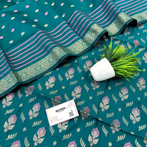 Teal Golden Zari Satin Silk Banarasi Suit