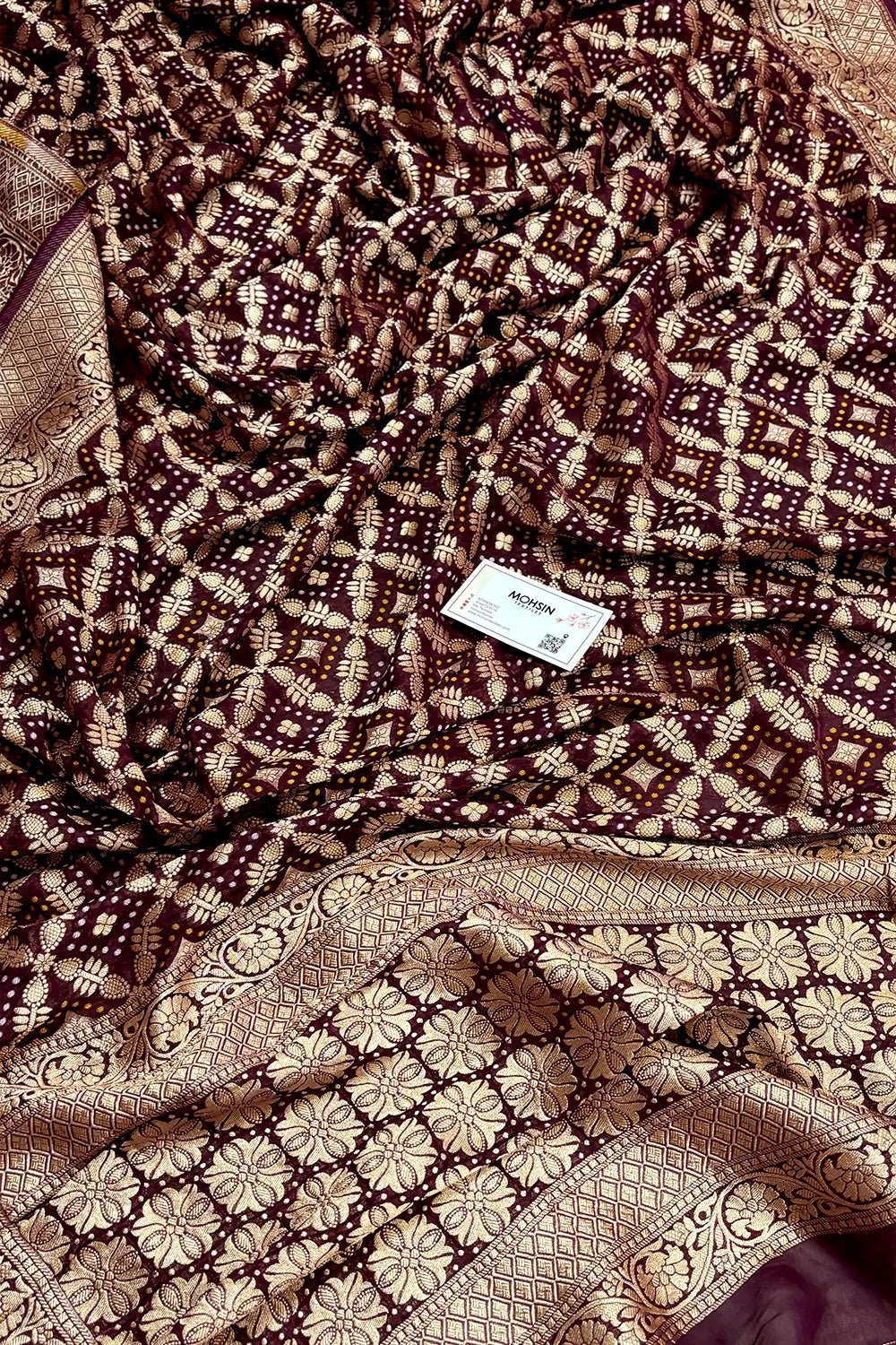 Wine Bandhej Georgette Silk Banarasi Saree