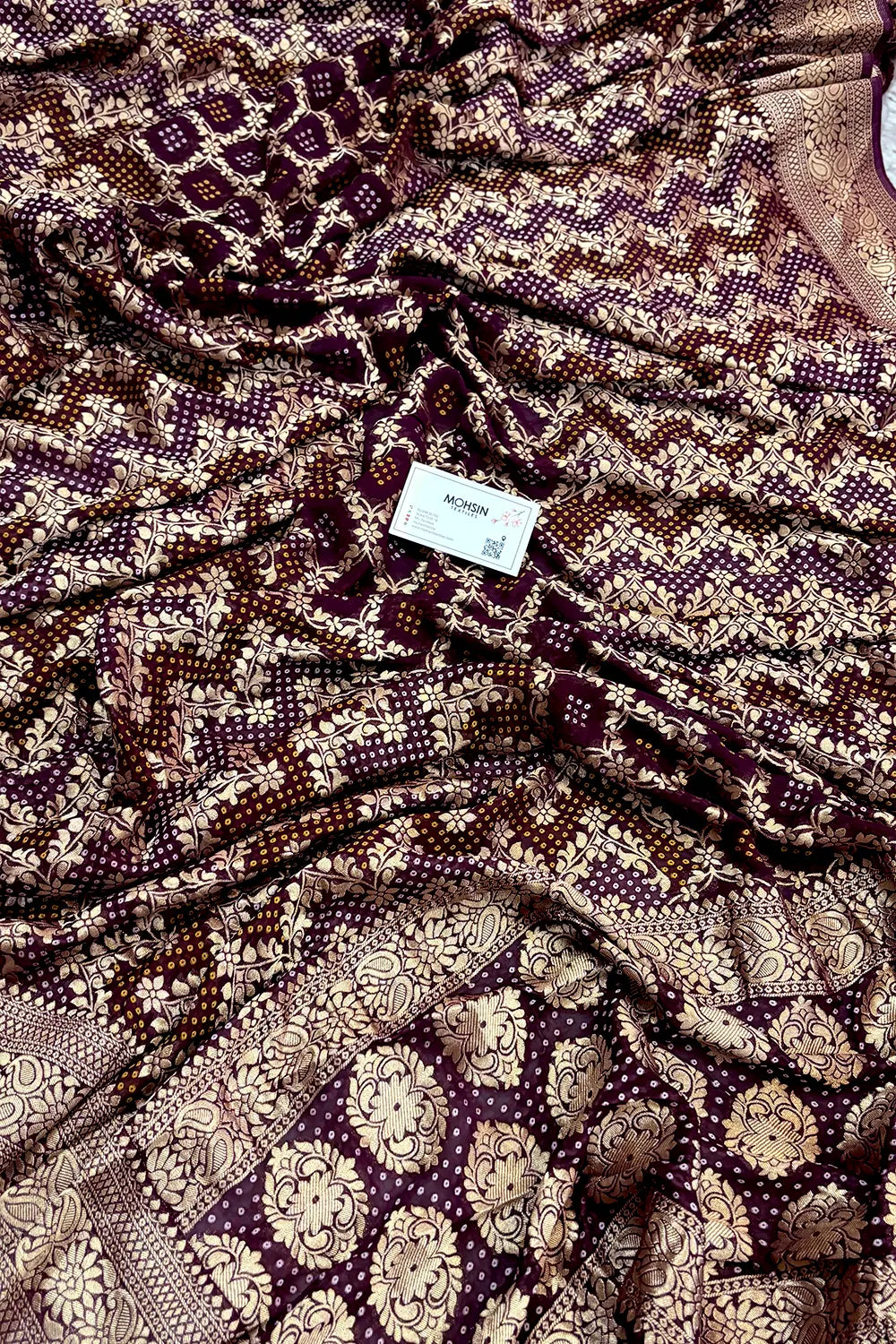 Wine Bandhej Georgette Silk Banarasi Saree