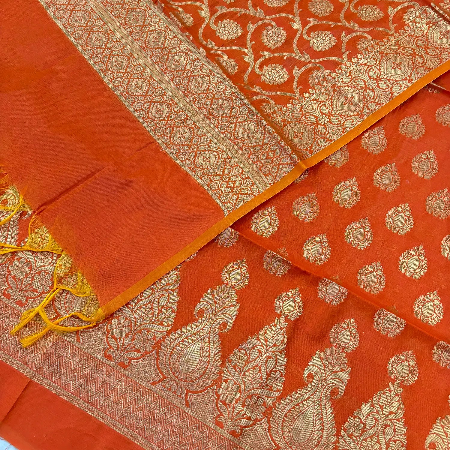 Orange Kalgha Buti Banarasi Silk Suit
