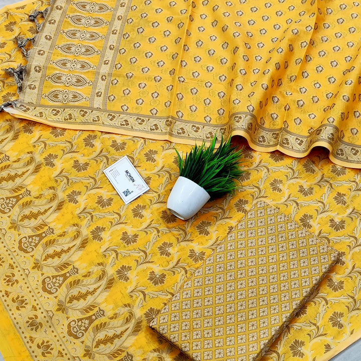 Yellow Surahi Jaal Cotton Silk Banarasi Suit