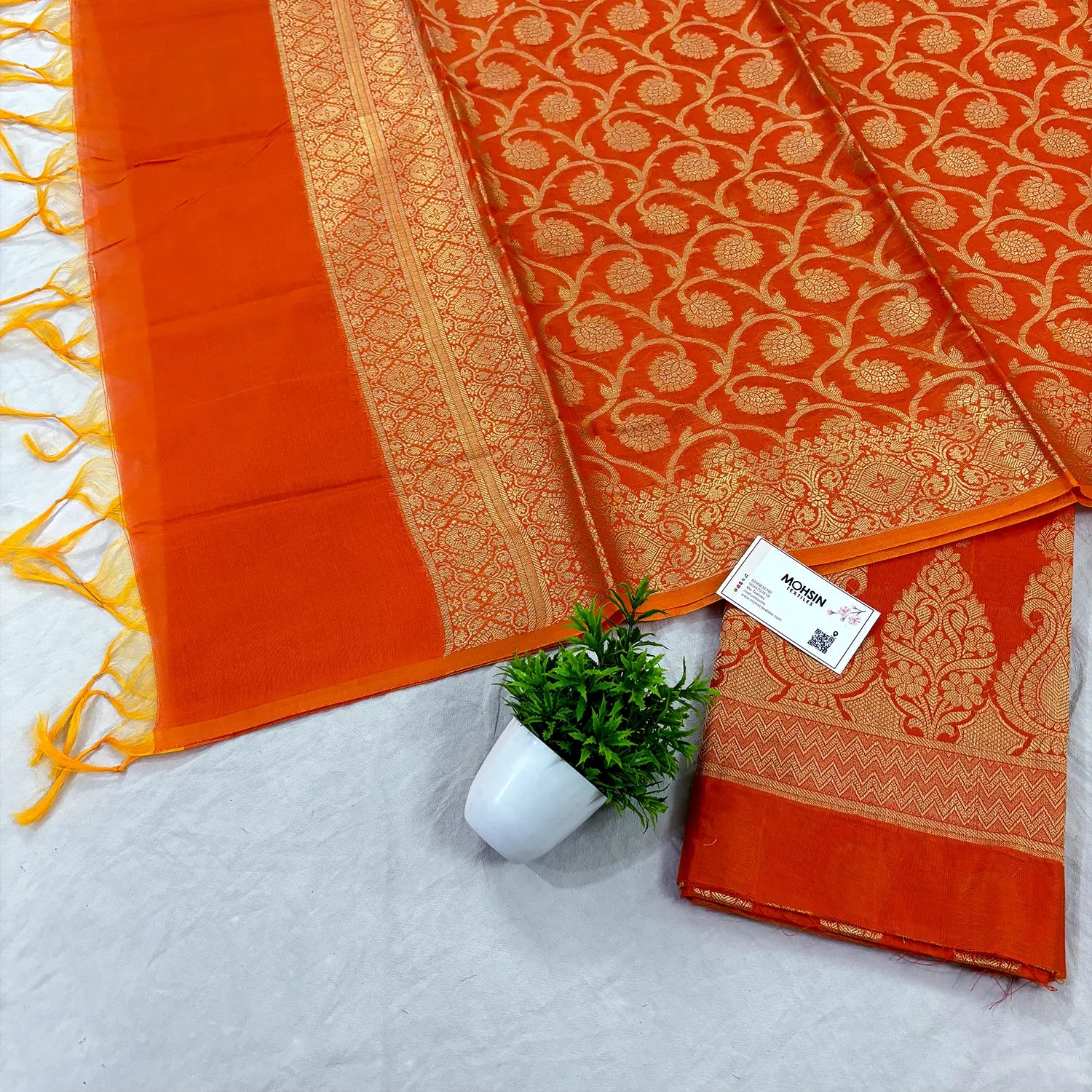 Orange Kalgha Buti Banarasi Silk Suit