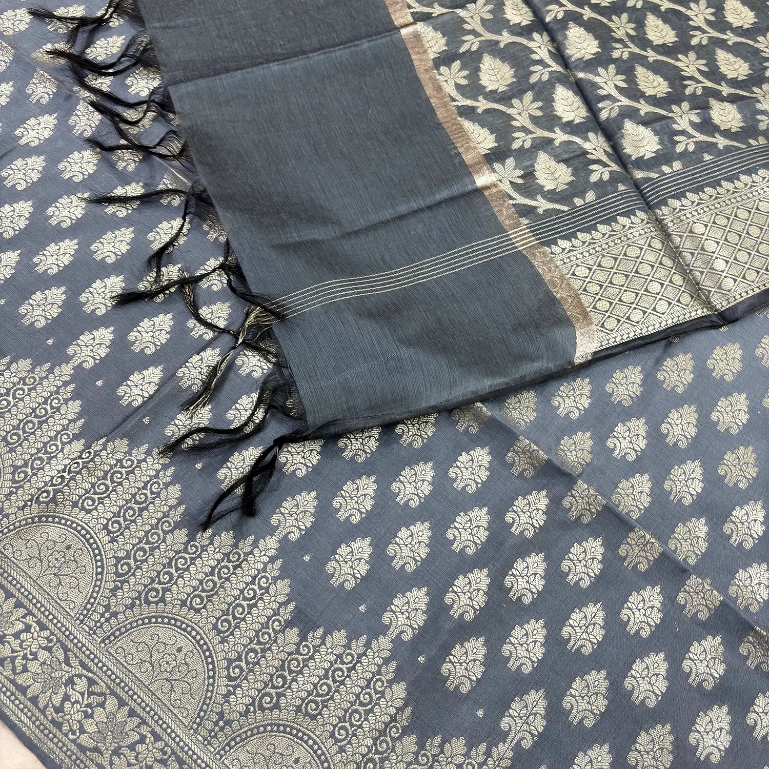 Grey Frozen Tree Satin Silk Banarasi Suit