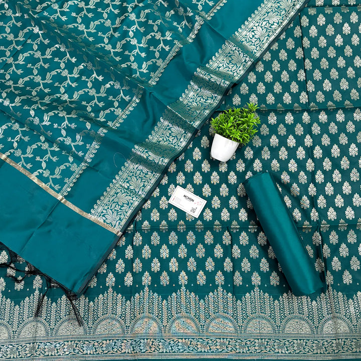 Teal Frozen Tree Satin Silk Banarasi Suit