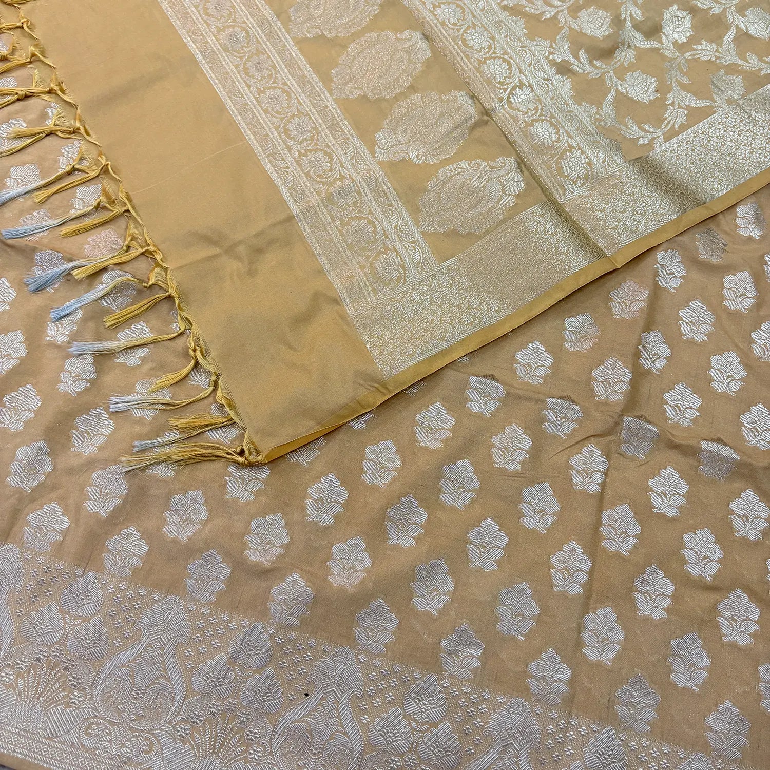 Beige Golden Zari Katan Silk Banarasi Suit