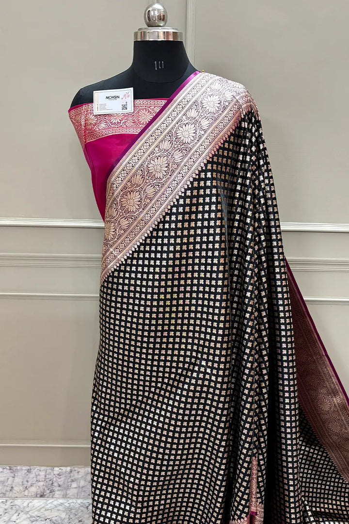 Black and Pink Chidi Buti Katan Silk Banarasi Saree