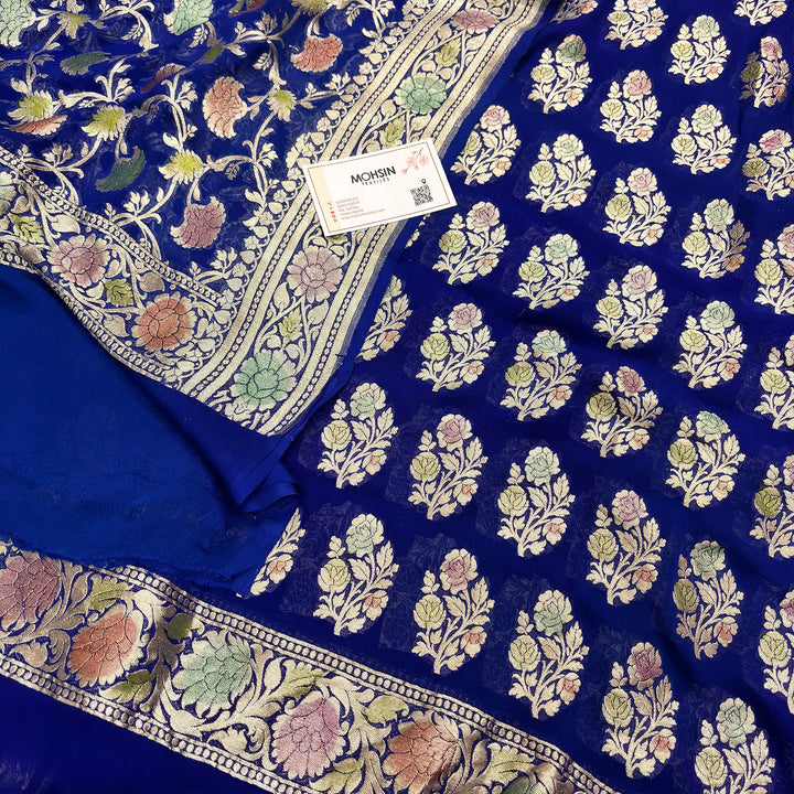 Blue Hand Brush Handloom Georgette Silk Banarasi Suit
