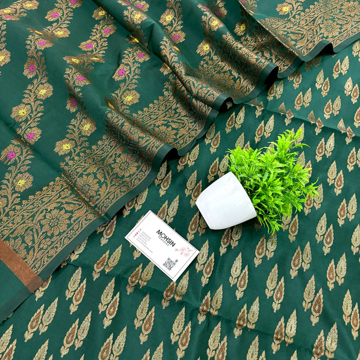 Bottle Green Kadi Patti Satin Silk Banarasi Suit