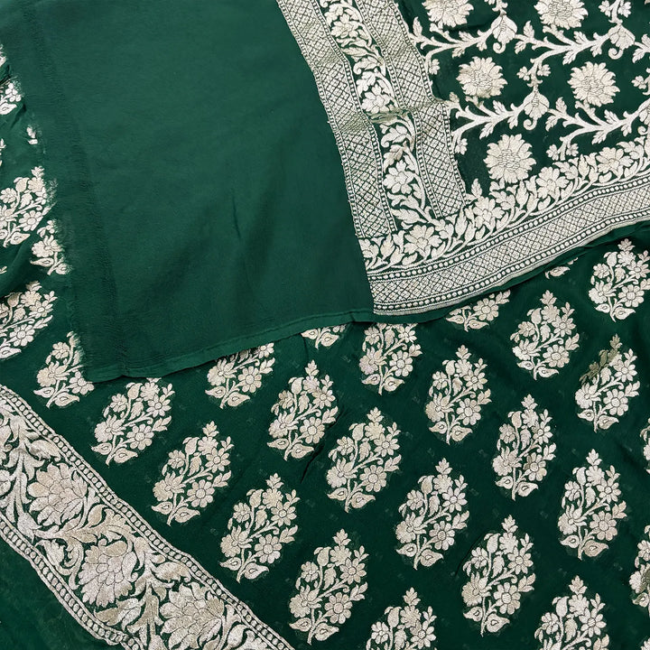 Bottle Green Pure Georgette Silk Banarasi Suit