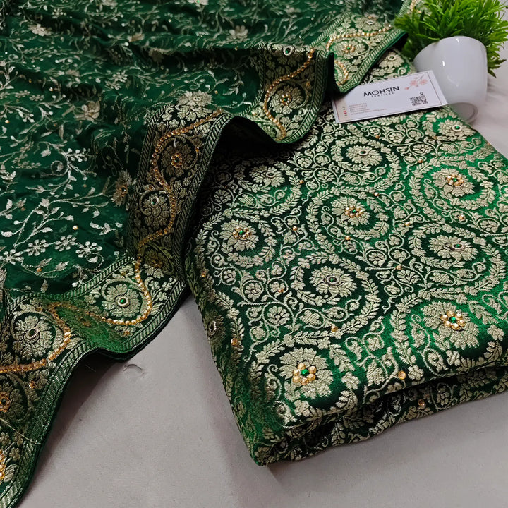 Green Murrah Jaal Stone Work Kimkhab Silk Banarasi Gharara