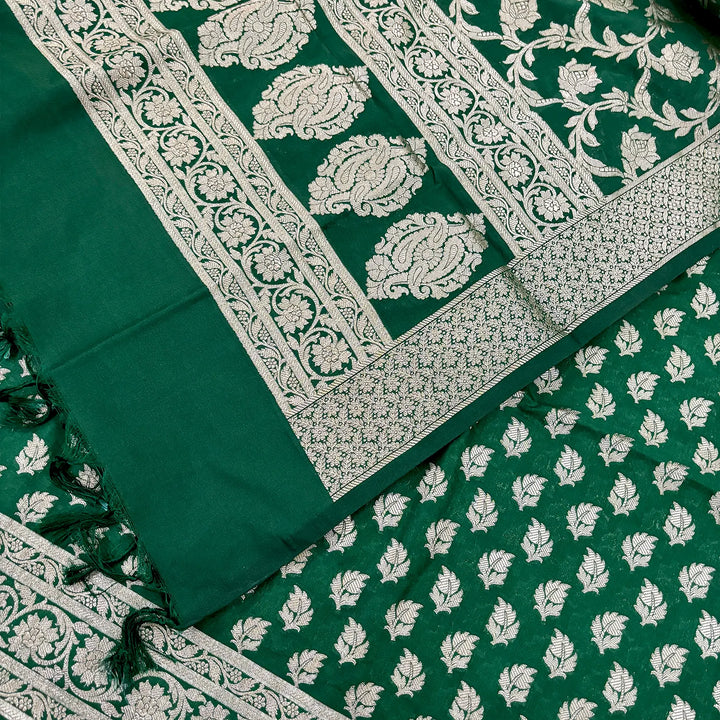 Green Tedhi Patti Katan Silk Banarasi Suit