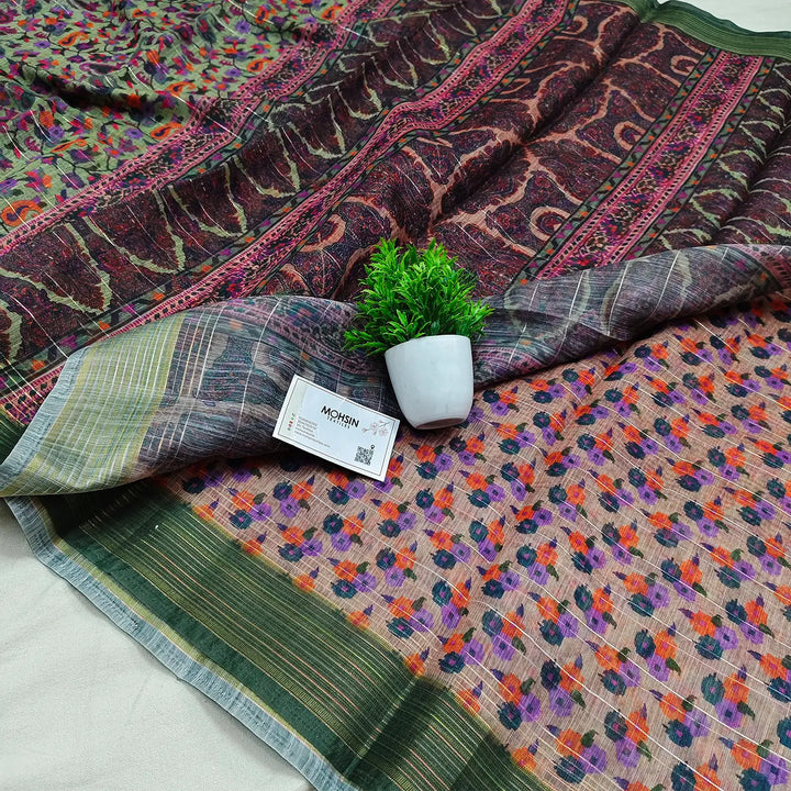 Green and Pink Printed Cotton Silk Banarasi Saree