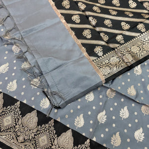 Grey and Black Pankh Buti Satin Silk Banarasi Suit