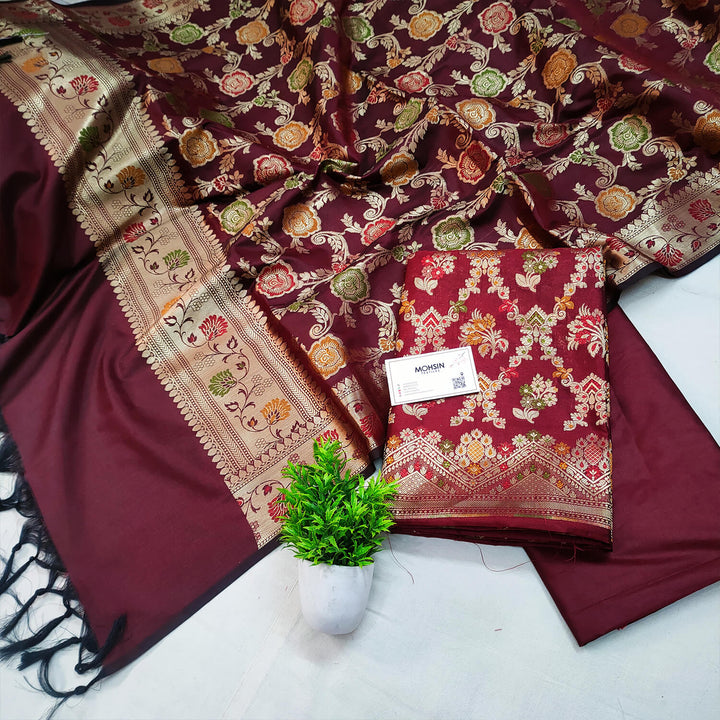 Maroon Meenakari Katan Silk Banarasi Suit