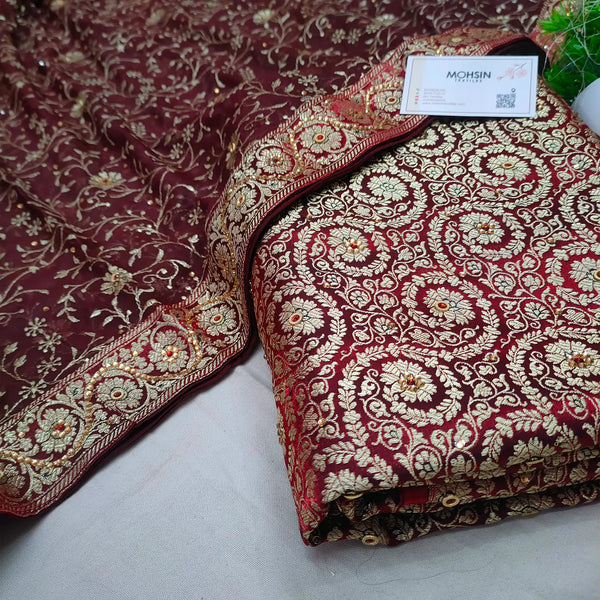 Wine Murrah Jaal Stone Work Kimkhab Silk Banarasi Gharara