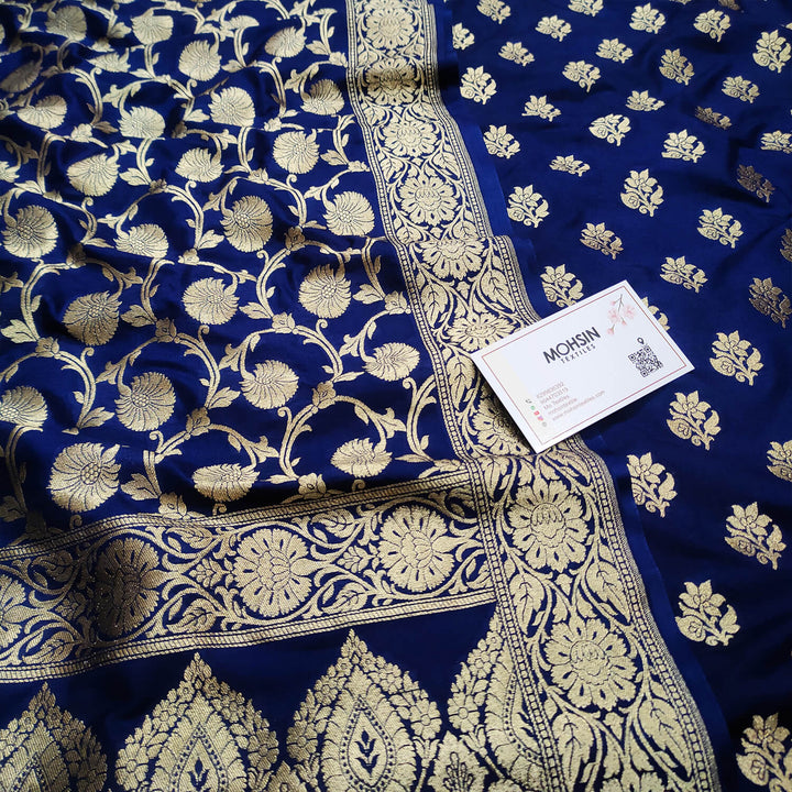 Navy Blue Golden Zari Katan Silk Banarasi Suit