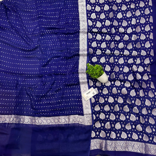 Navy Blue Patta Handloom Georgette Silk Banarasi Suit