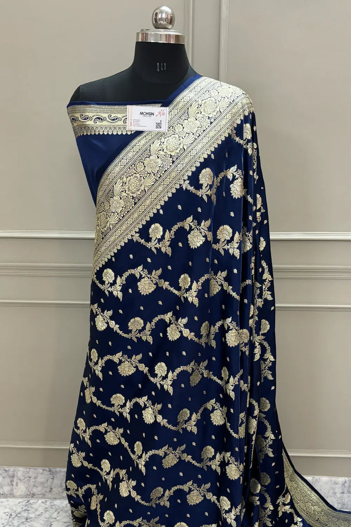 Navy Blue Tirchi Daal Katan Silk Banarasi Saree