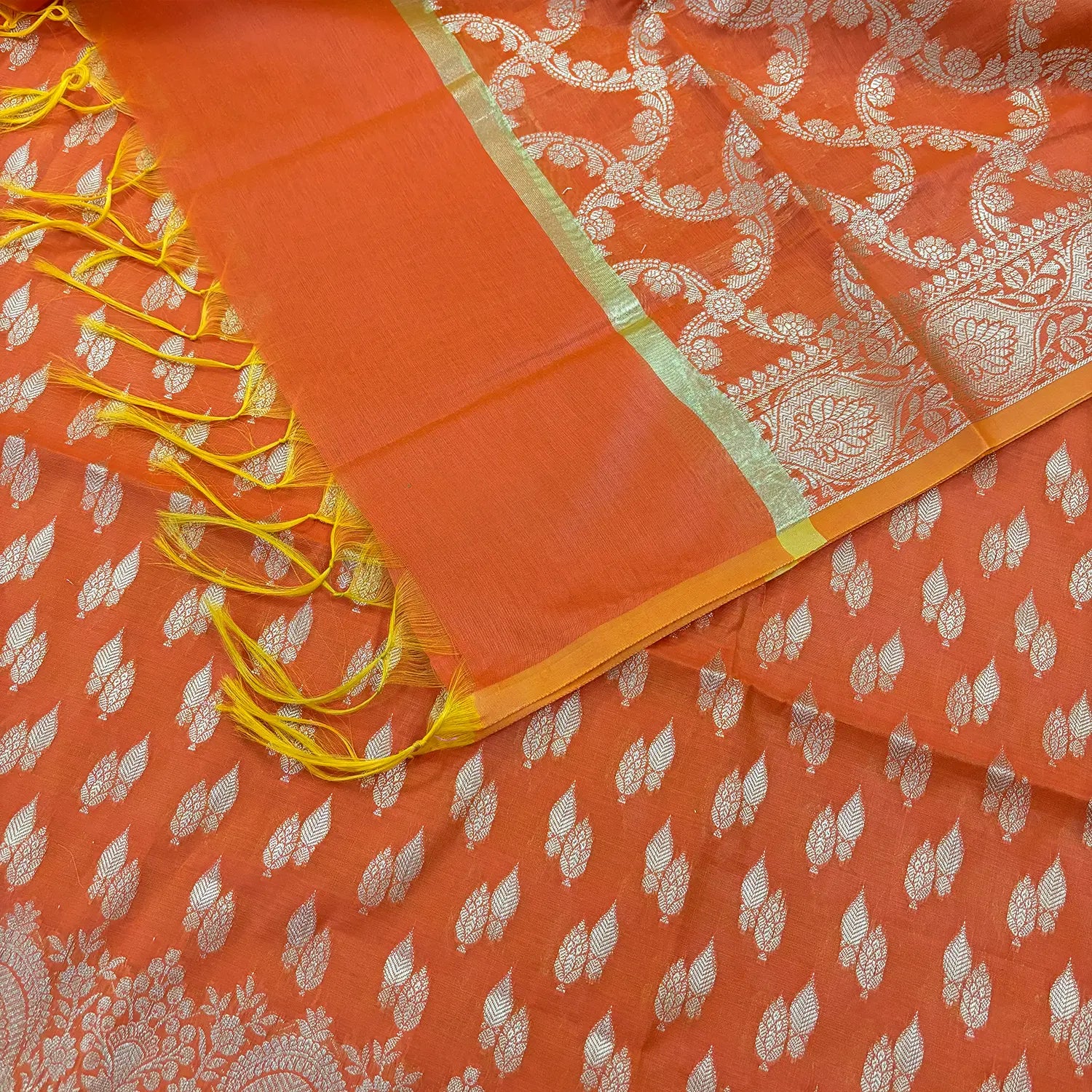 Orange Golden Zari Resham Silk Banarasi Suit