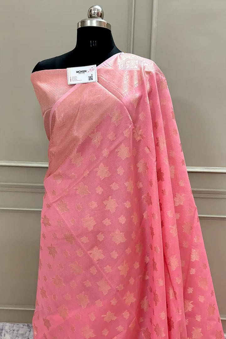 Peach Daab Buti Chanderi Silk Banarasi Saree