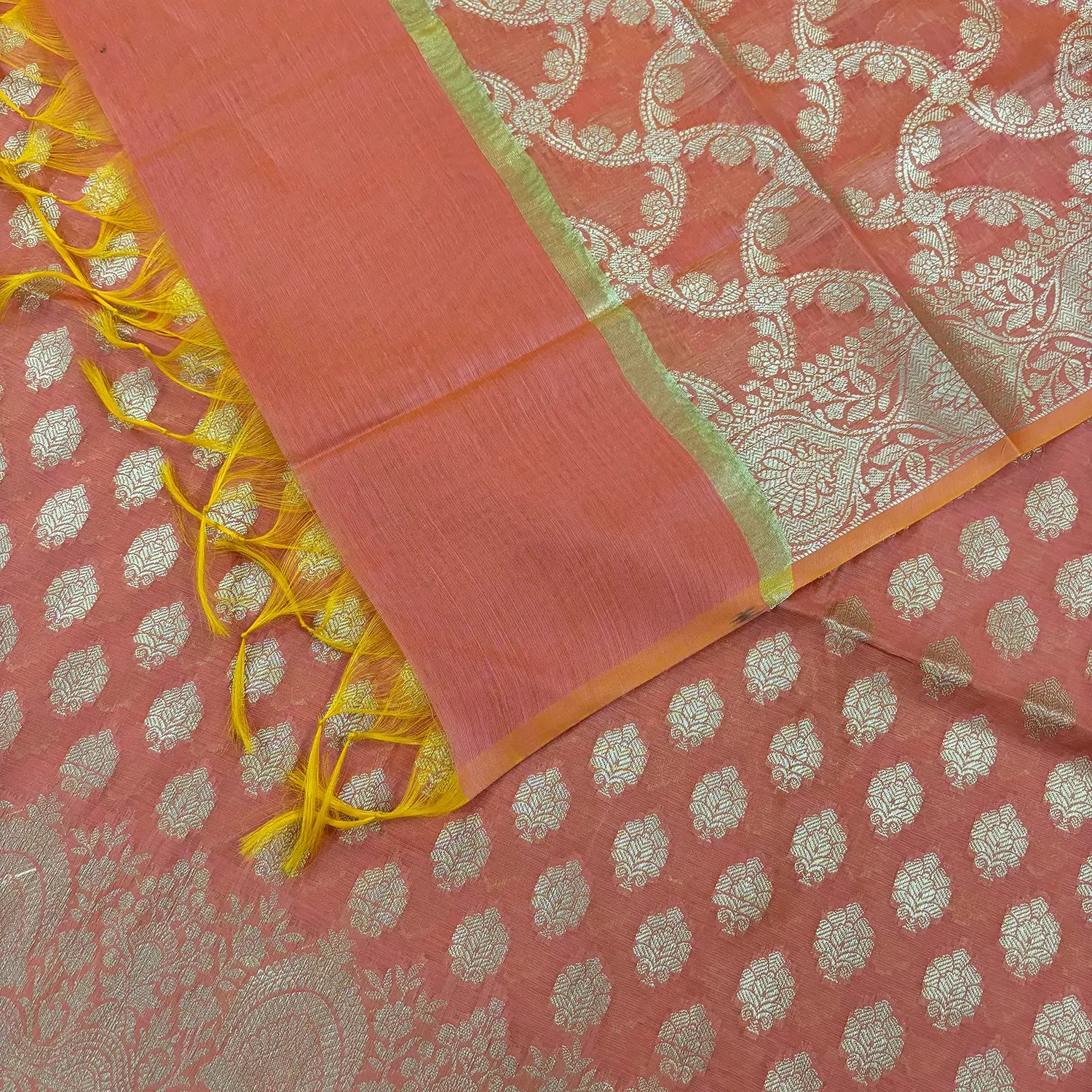 Peach Golden Zari Resham Silk Banarasi Suit