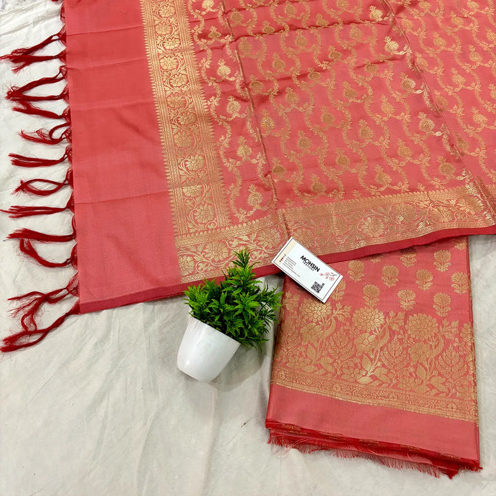 Peach Sunflower Katan Silk Banarasi Suit