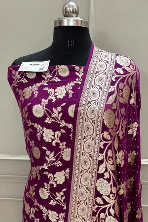 Purple Golden Zari Pure Georgette Silk Banarasi Suit