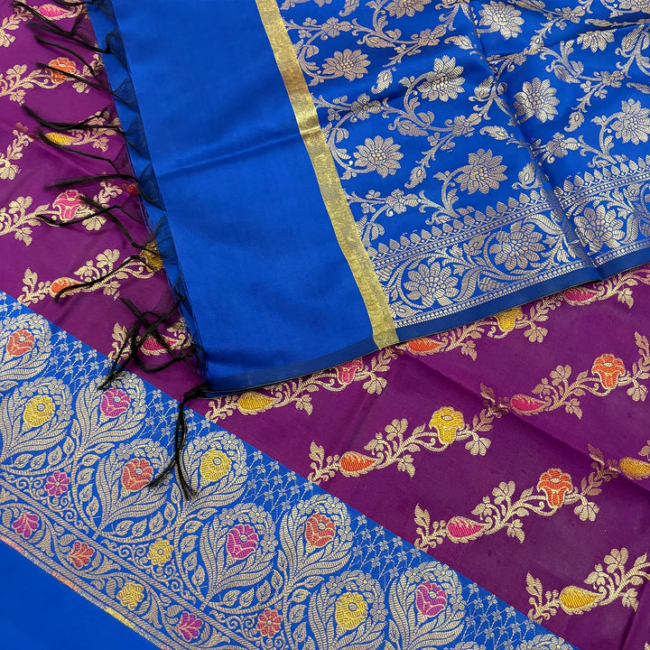 Purple and Royal Blue Rang Mahal Satin Silk Banarasi Suit